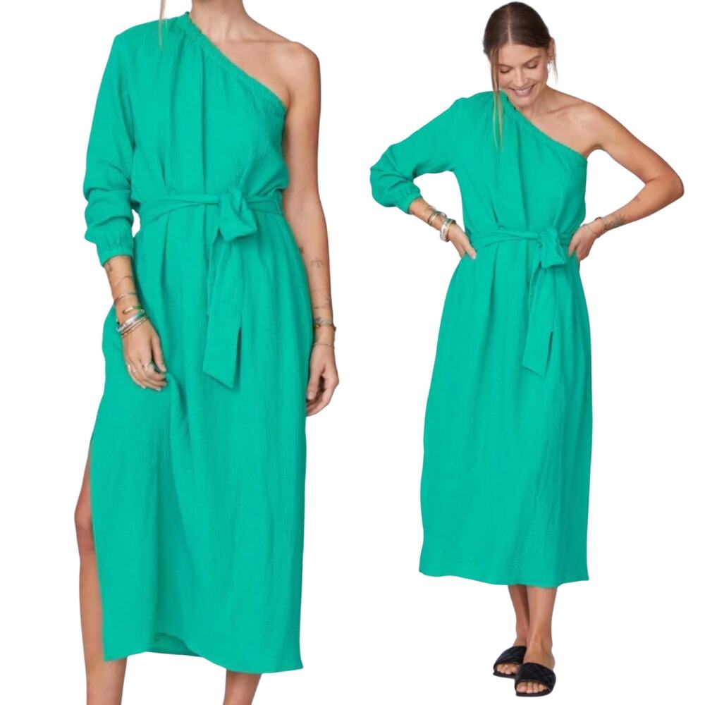 Monrow Organic Cotton Gauze Midi Maxi Dress One Shoulder Belted Green NEW Large